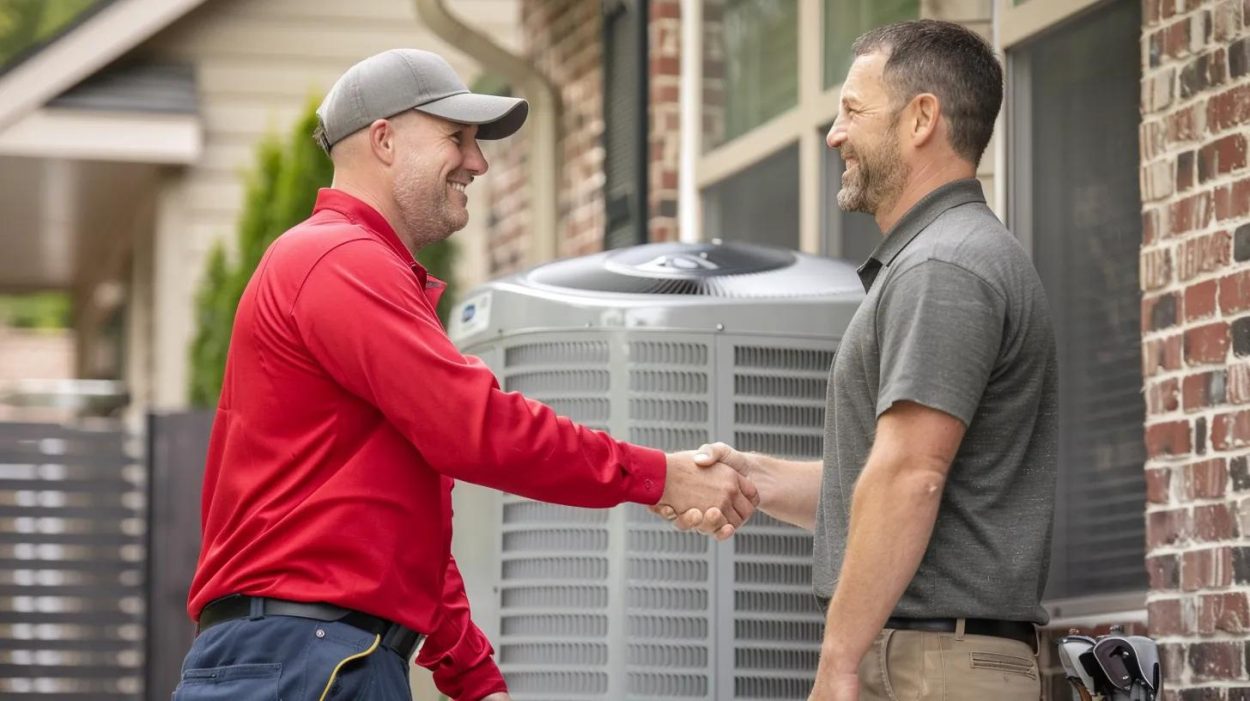 HVAC technician shaking hands with a happy customer after AC installation. Reliable AC service in Atlanta, GA. Air conditioning unit visible.