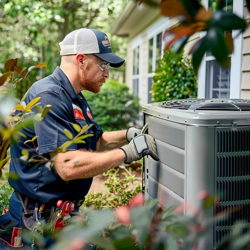 HVAC technician servicing an AC unit in Atlanta, GA. Man wearing gloves inspecting air conditioning system. Professional AC repair and maintenance.