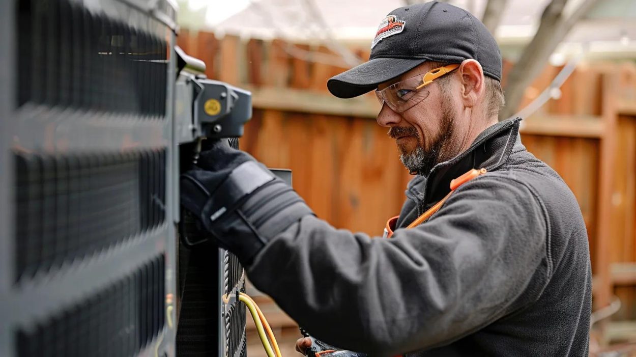 HVAC technician repairs an AC unit outdoors. Man wearing safety glasses and gloves working on air conditioning. AC repair services in Atlanta, GA.