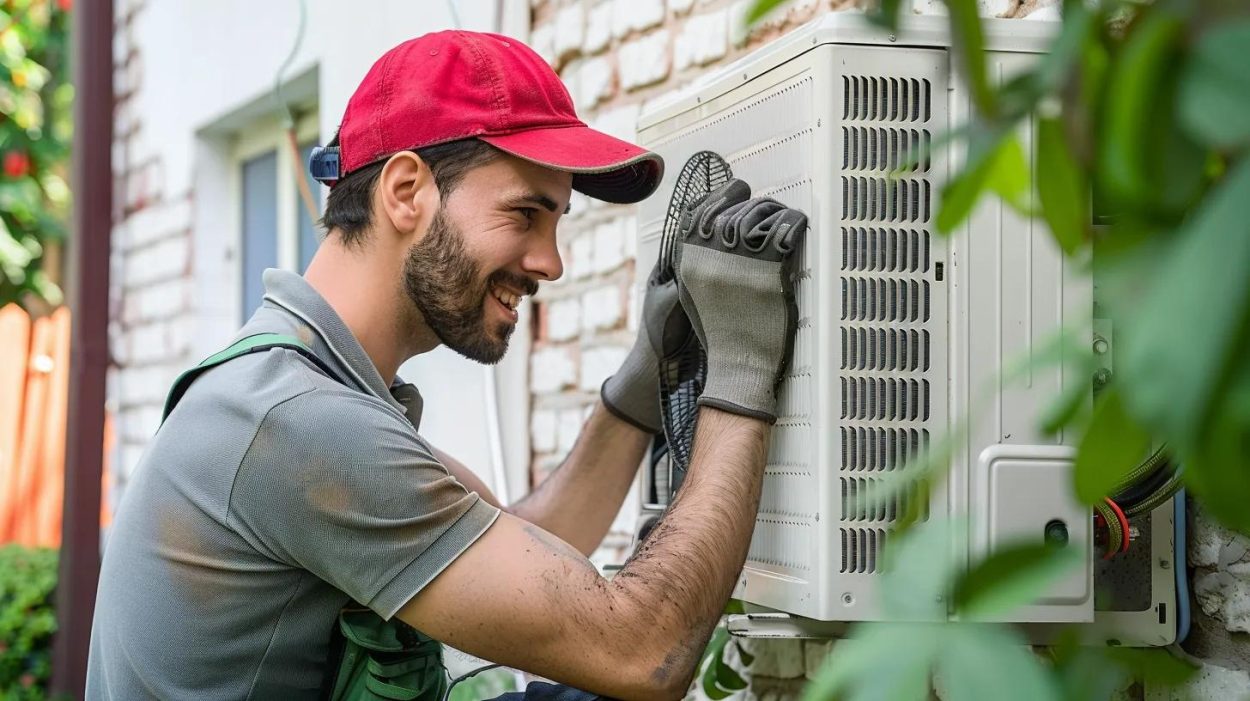 HVAC technician performing AC repair. Man in Atlanta, GA, servicing an air conditioning unit. Expert AC repair and maintenance.