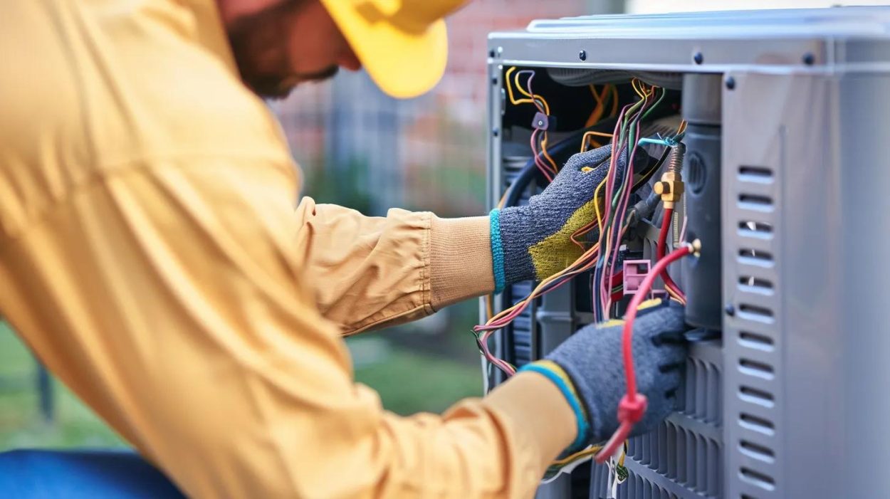 HVAC technician repairing an air conditioning unit. AC repair service in Atlanta, GA. Man working on the electrical components of an AC system.