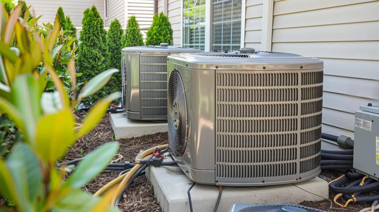 Two AC units outside a home. Air conditioning units for HVAC services in Atlanta, GA. Residential cooling system.