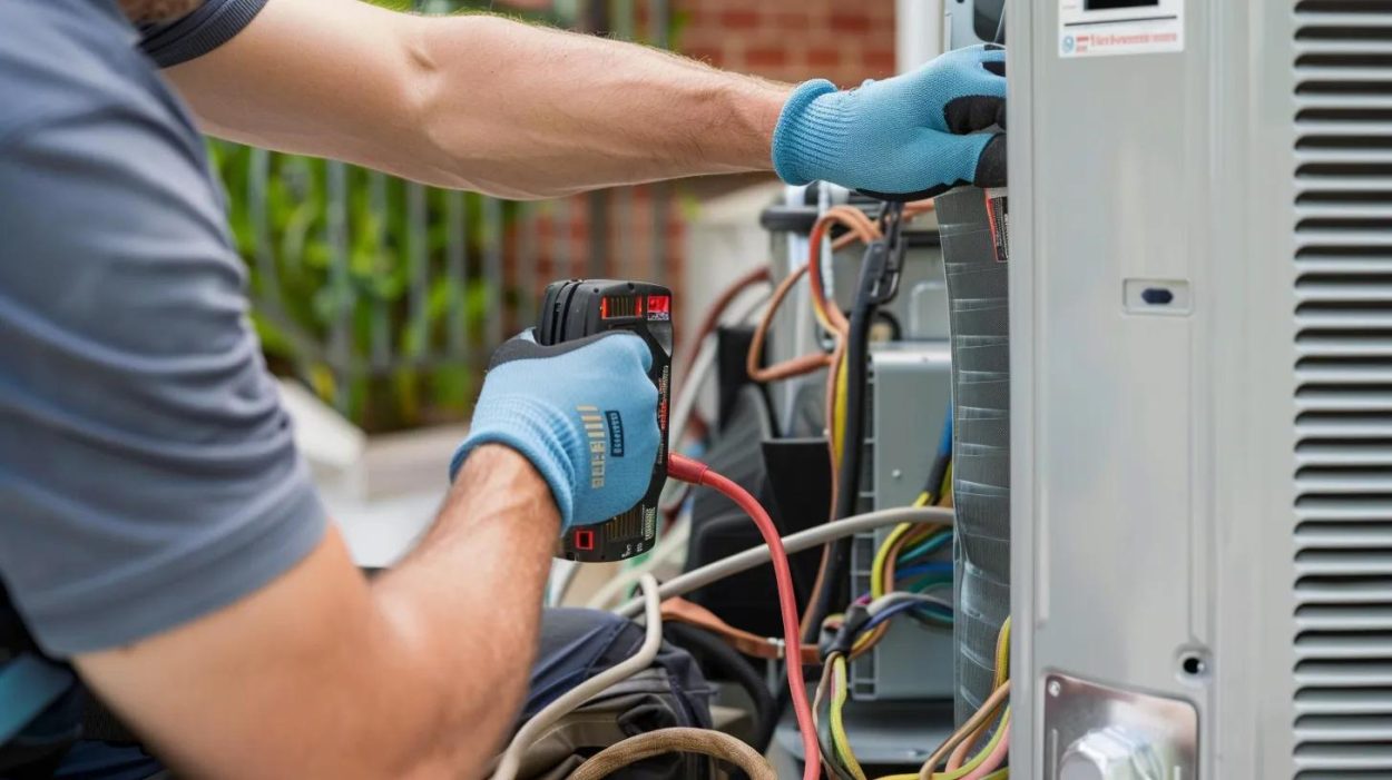 HVAC repairman using a power drill on an AC unit. Air conditioning maintenance in Atlanta, GA. Professional AC repair services.