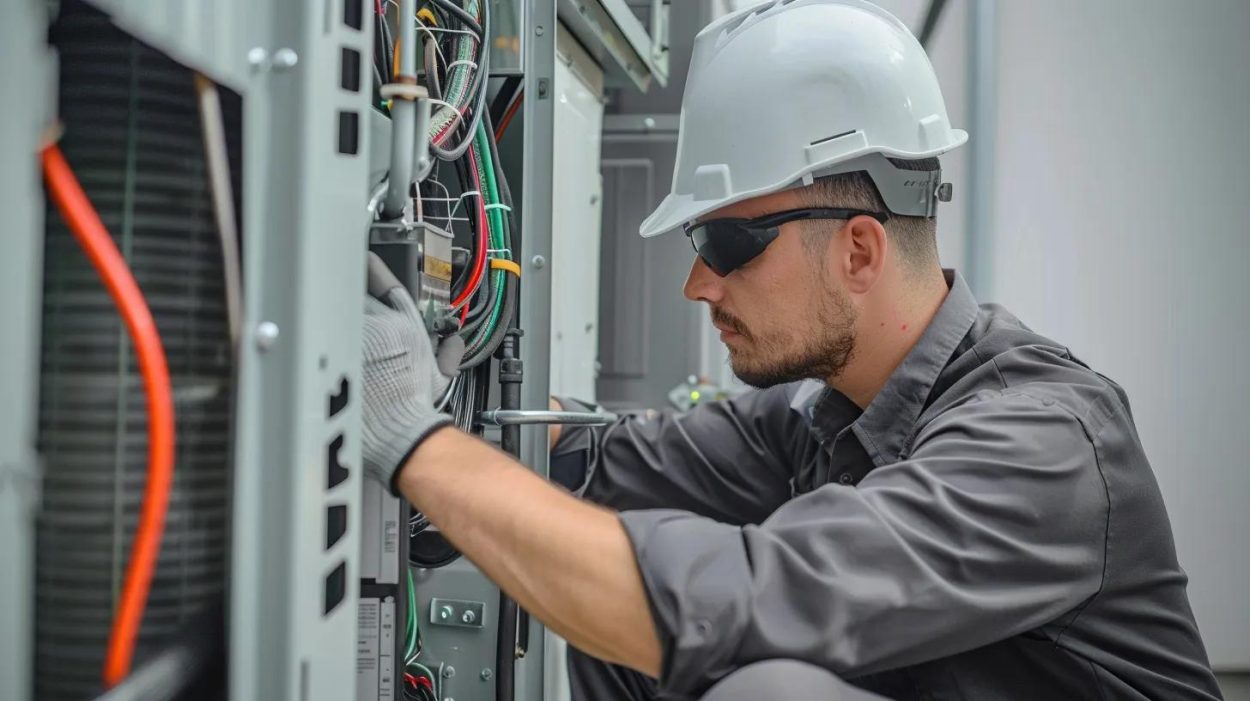 HVAC technician in Atlanta, GA, wearing safety gear, performing AC unit maintenance. Commercial AC repair and service for optimal performance.