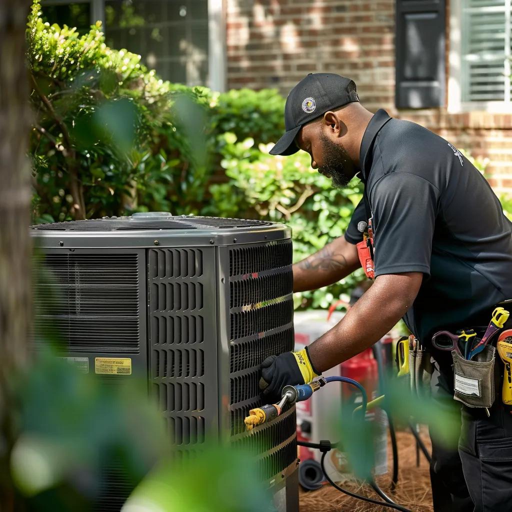 HVAC technician servicing an air conditioning unit. AC repair and maintenance in Atlanta, GA. Professional HVAC services for home cooling systems.