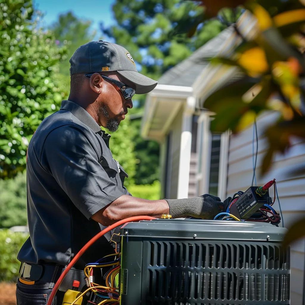 HVAC technician in Atlanta, GA, performing AC repair, using a multimeter to diagnose the air conditioner. AC service by certified professional.