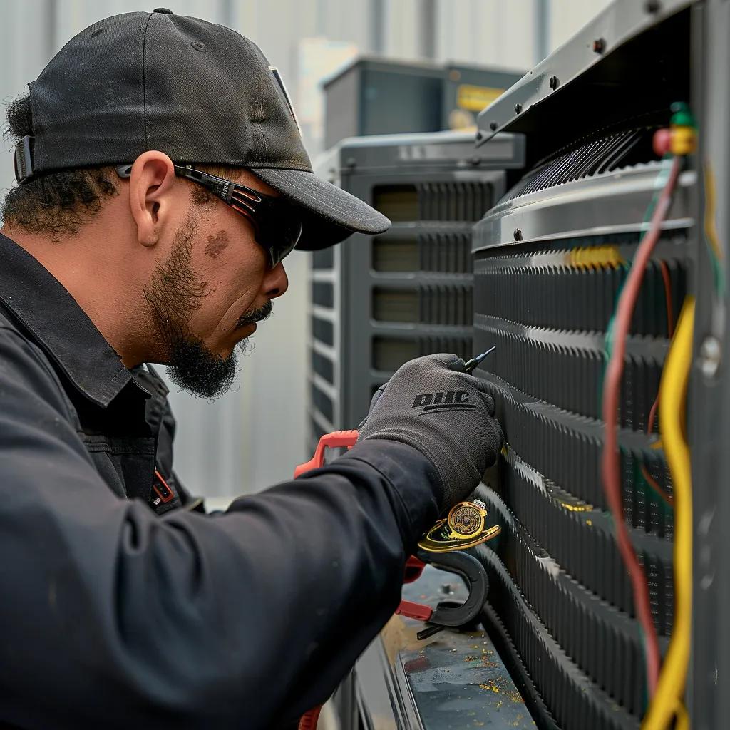 HVAC technician working on an air conditioning unit. AC repair service in Atlanta, GA. Man wearing gloves and safety glasses inspecting the unit.