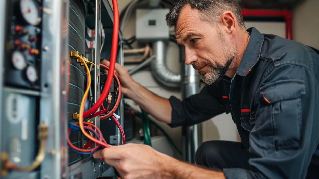 HVAC technician repairs a furnace. Heating and cooling expert working on wires. Furnace repair service in Atlanta, GA.
