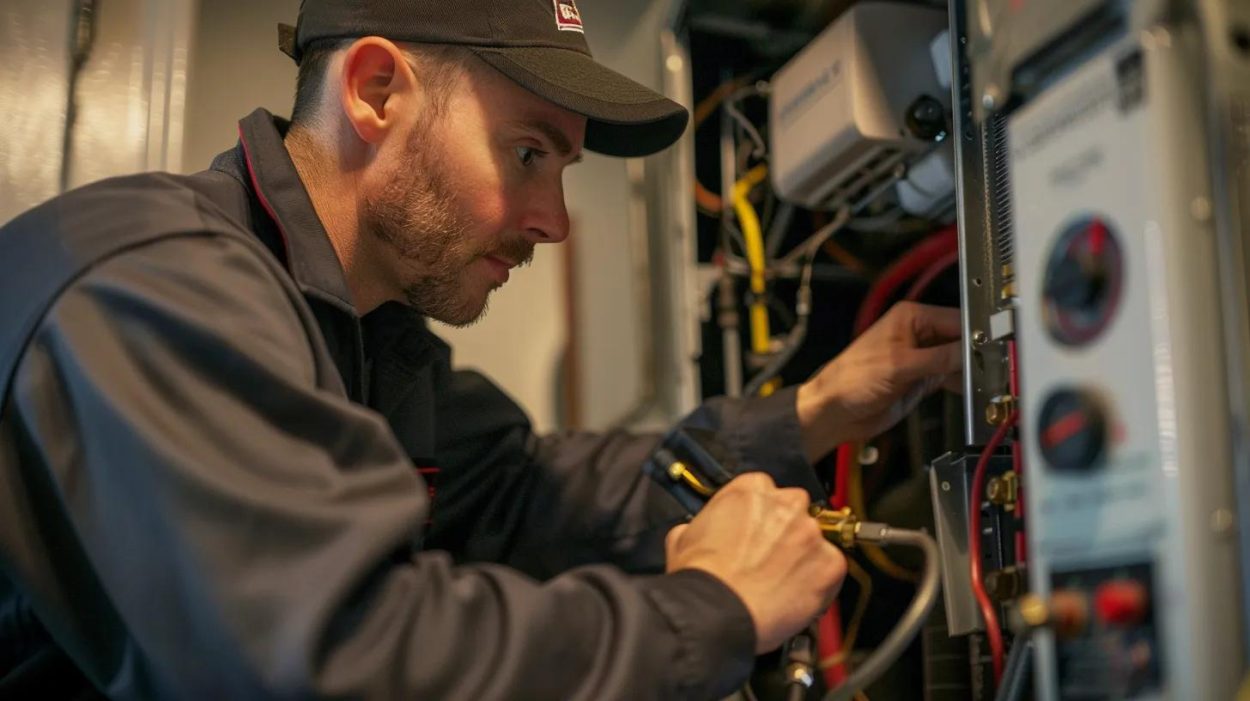 HVAC technician performing furnace repair in Atlanta, GA. Man in uniform working on heating system. Expert maintenance and service for your home.