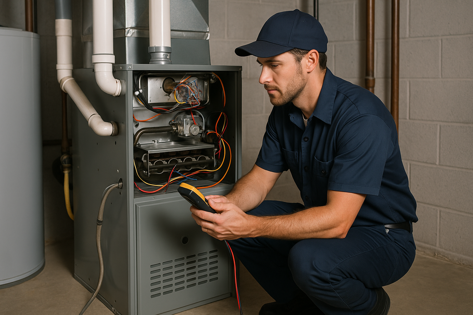Technician performing furnace repairs in Atlanta, GA. Affordable and fast service to avoid furnace failures. HVAC maintenance.