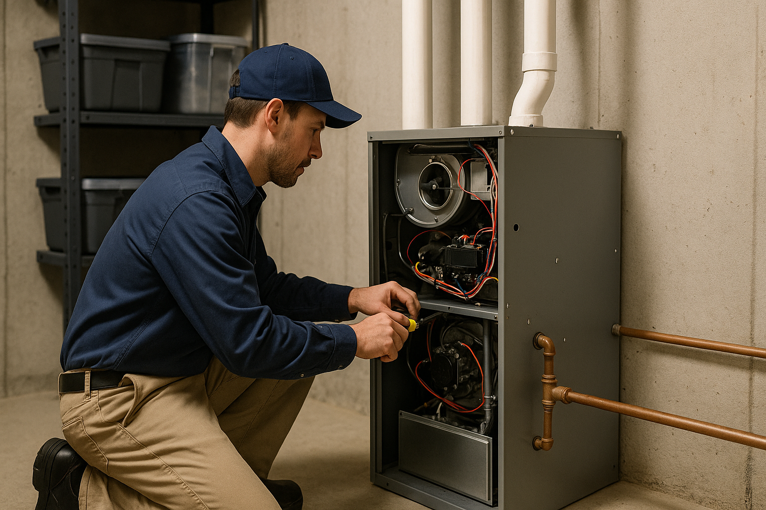 Technician repairing furnace. Fast furnace repairs in Atlanta, GA to avoid furnace failures. Affordable service for your home's heating system.