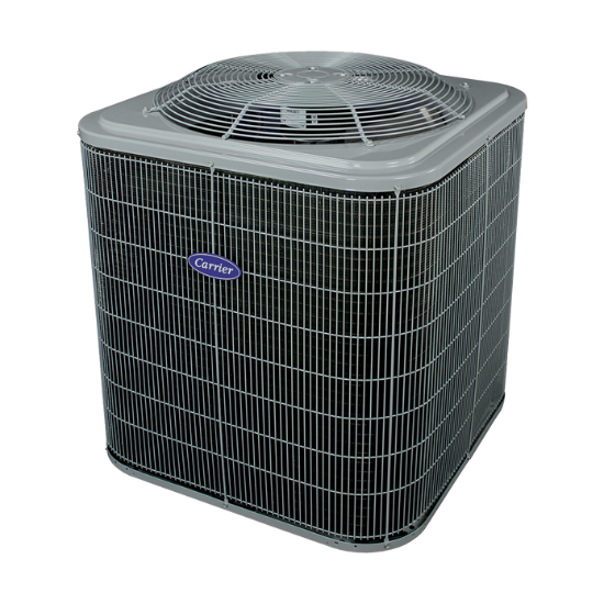 Carrier HVAC unit for AC replacement Atlanta, GA. Air conditioning system with a fan on top, and a Carrier logo on the side. Residential cooling.
