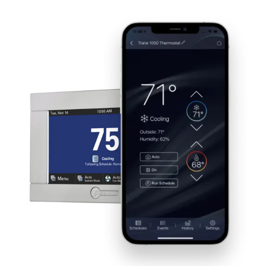 Trane thermostat and mobile app interface for HVAC system control. Smart home automation in Atlanta, GA for energy efficiency and comfort.