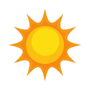 Cartoon sun illustration. Bright yellow and orange sun with spiky rays on a black background. Weather forecast icon.