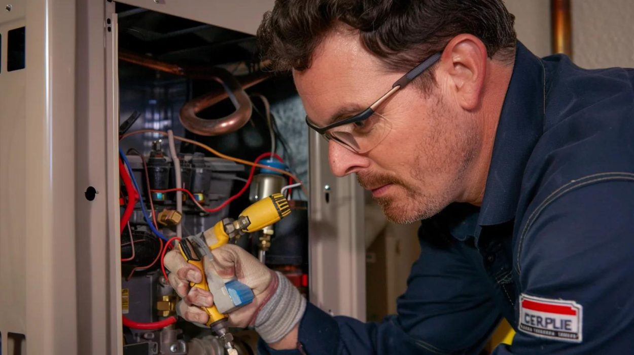 homeowner working on a furnace repair