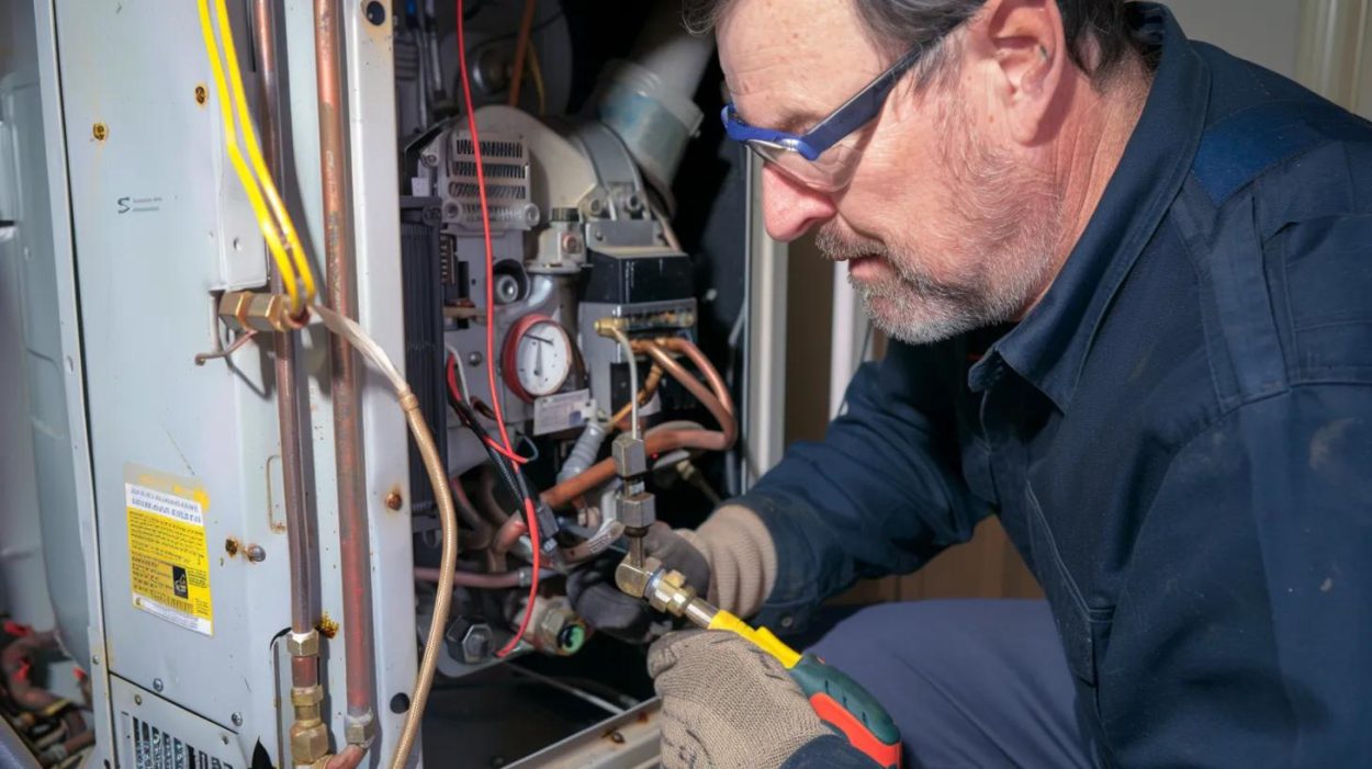 homeowner working on a furnace repair