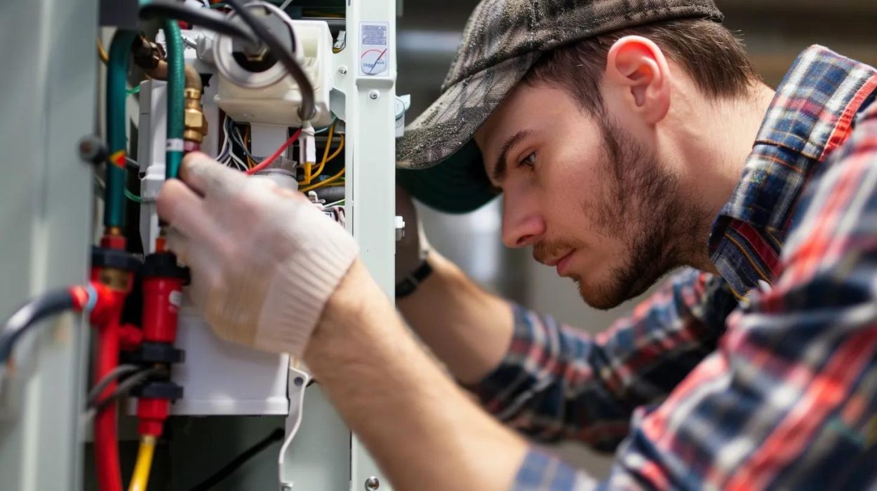 homeowner working on a furnace repair