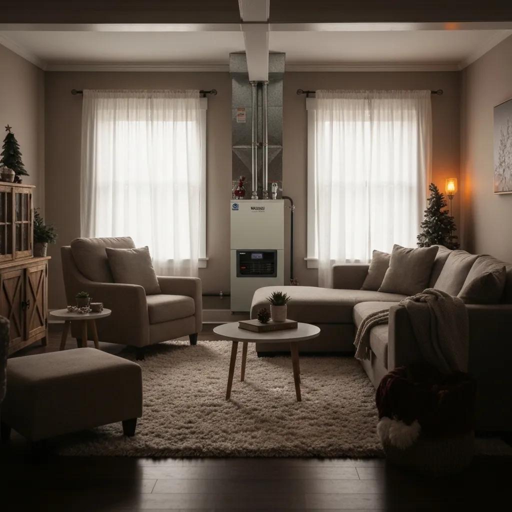 Cozy living room with a well-maintained furnace, emphasizing winter readiness and comfort