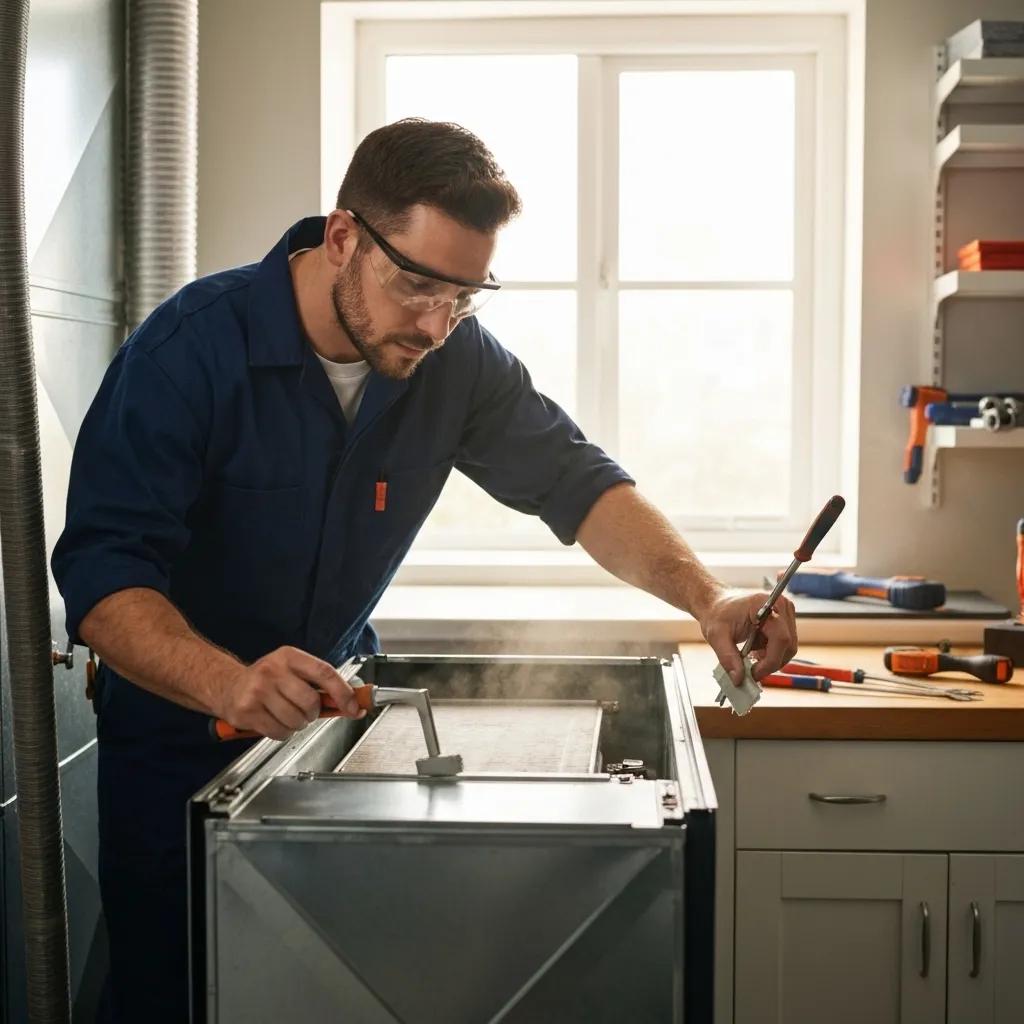 An HVAC technician performing a professional furnace tune-up, emphasizing the importance of maintenance