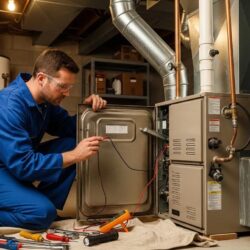 technician working on a furnace in a home