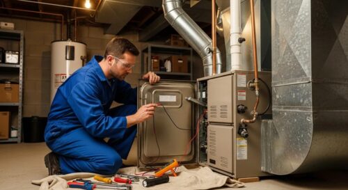 technician working on a furnace in a home