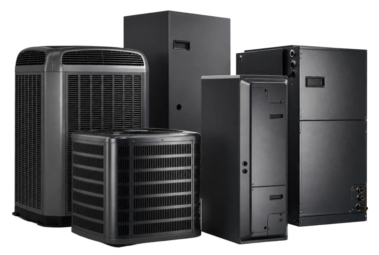 Collection of industrial HVAC equipment units including condenser coils and air handlers arranged against a black background