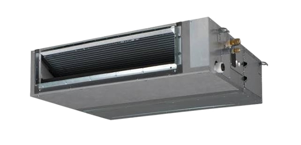 A sleek indoor unit for Ductless Mini-Split Installation and Replacement systems, featuring metallic housing on black background.