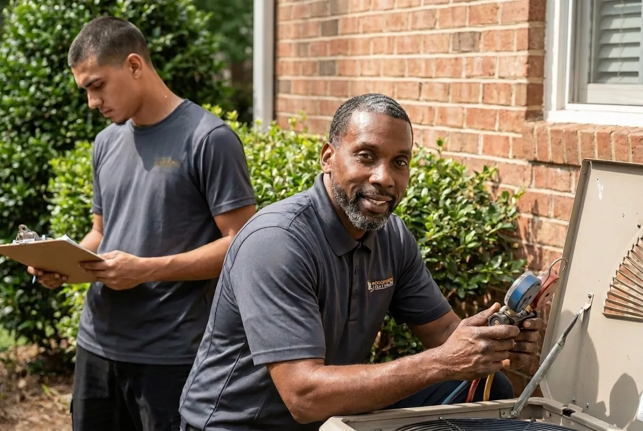 Msemaji Anderson, owner of Indoor Experts Heating & Air Conditioning, checking pressures on an Atlanta condenser