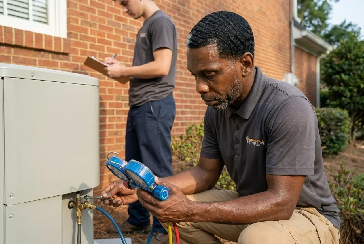 Indoor Experts technician reading refrigerant gauges on an Atlanta condenser during a maintenance visit
