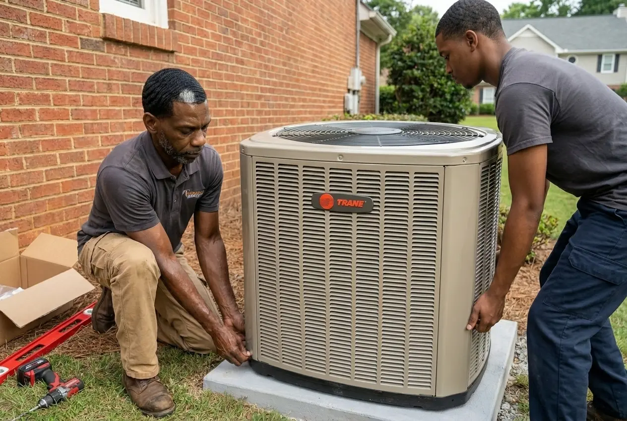 Indoor Experts crew installing a new heat pump system at an Atlanta home