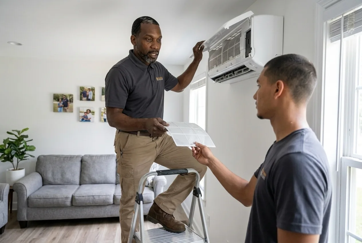 Indoor Experts technician showing a homeowner the filters in a ductless mini-split head