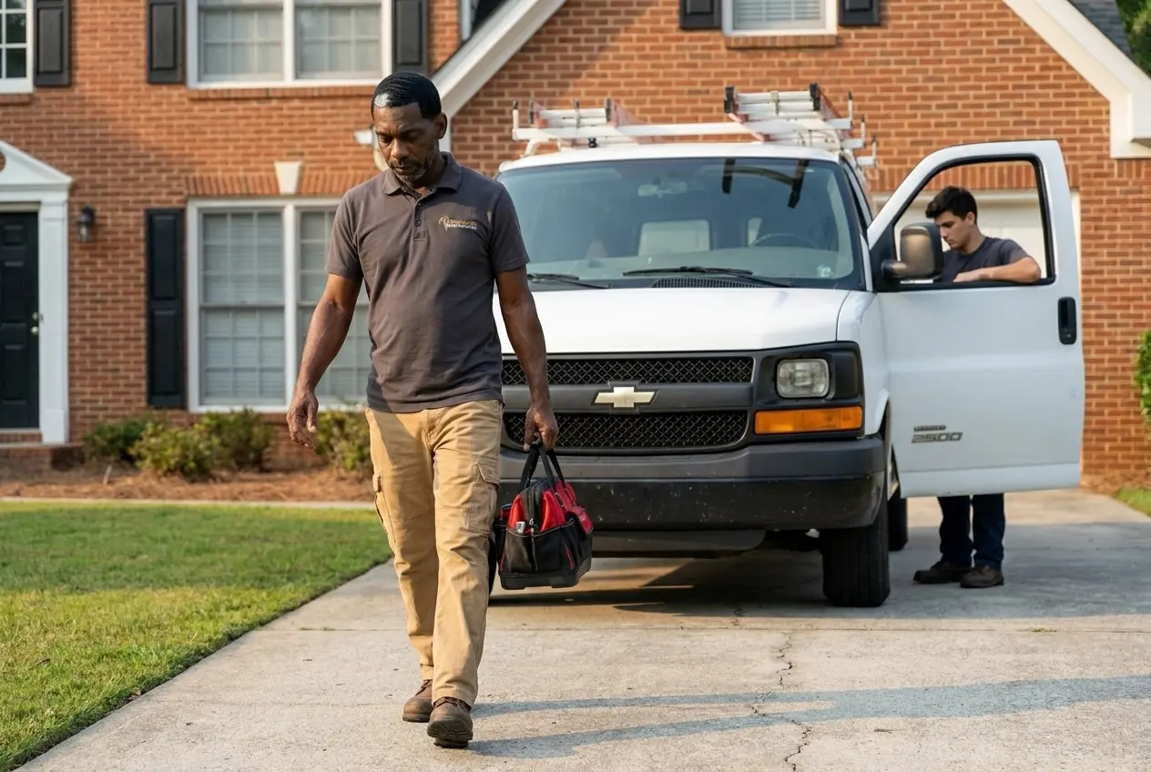 Msemaji Anderson walking up a customer's driveway from the Indoor Experts van