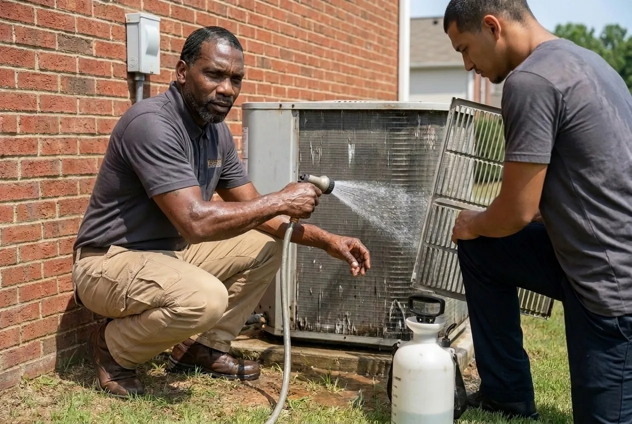 Indoor Experts technicians cleaning a condenser coil during an Atlanta tune-up