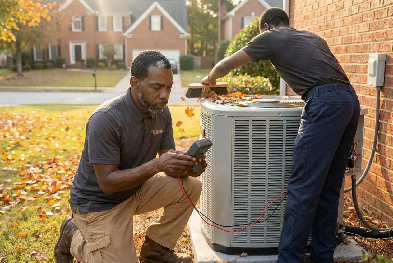 Msemaji Anderson servicing a heat pump on a fall day