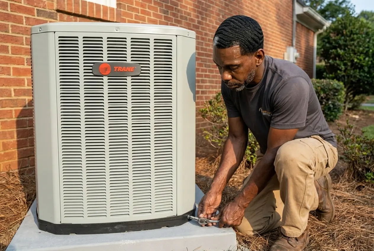 Msemaji Anderson tightening the base bolts on a new Trane air conditioning condenser at an Atlanta home