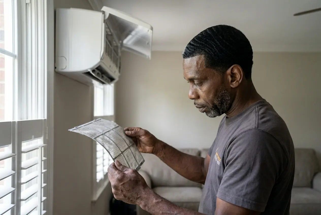 Msemaji Anderson inspecting the filter from a ductless mini-split indoor unit during a repair call in an Atlanta home