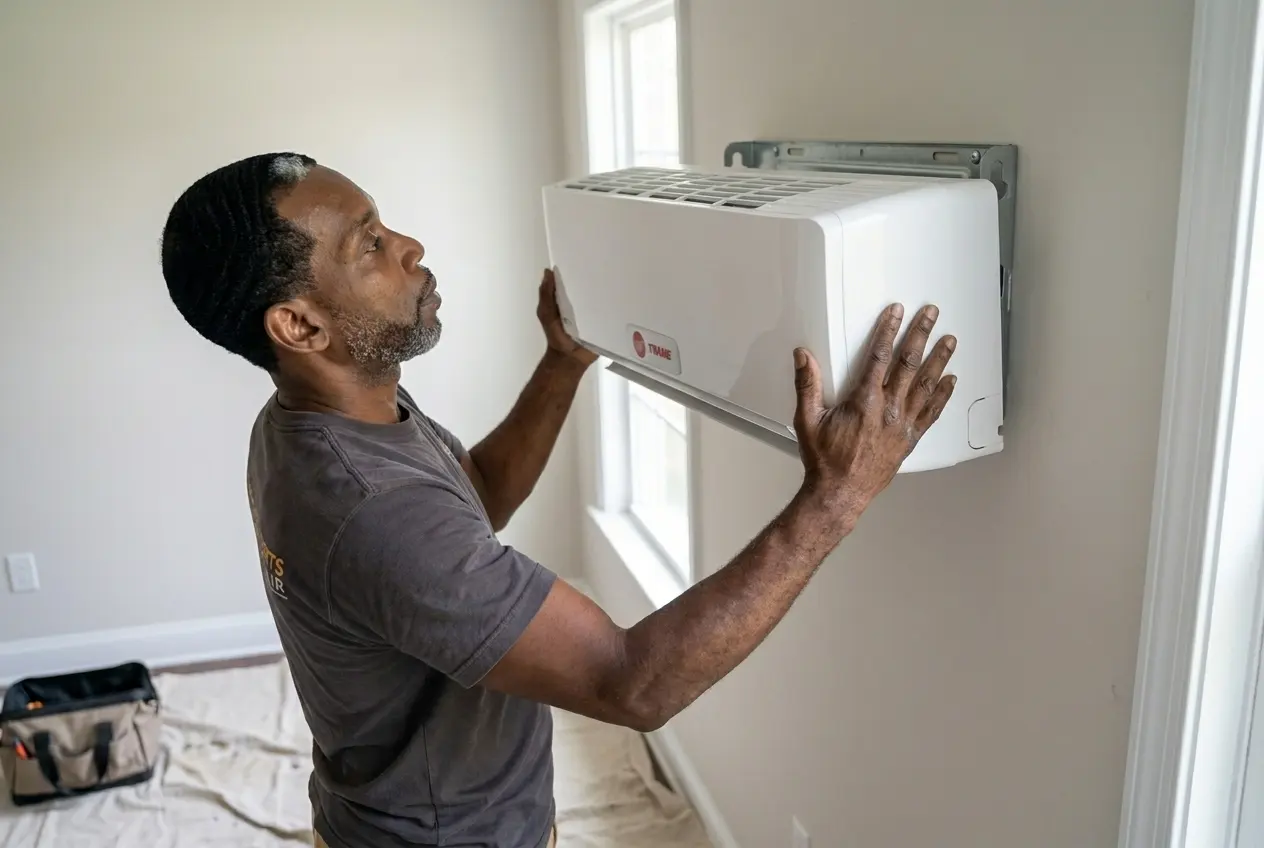 Msemaji Anderson lifting a new Trane ductless mini-split indoor unit onto its wall bracket in an Atlanta home