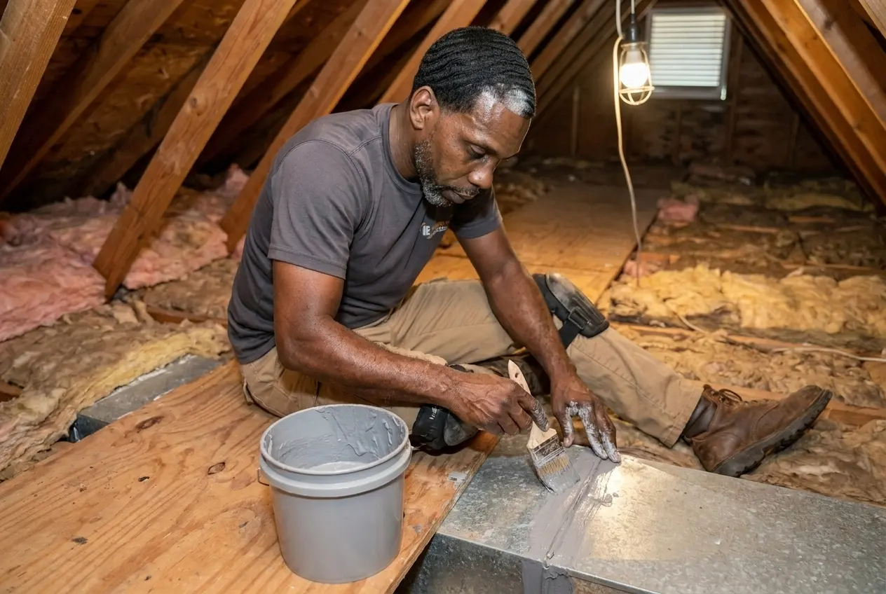 Msemaji Anderson brushing mastic onto a new duct seam in an Atlanta home's attic