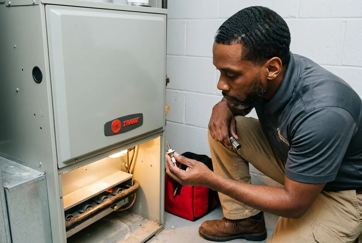 Msemaji Anderson inspecting a flame sensor at an open Trane furnace in an Atlanta basement