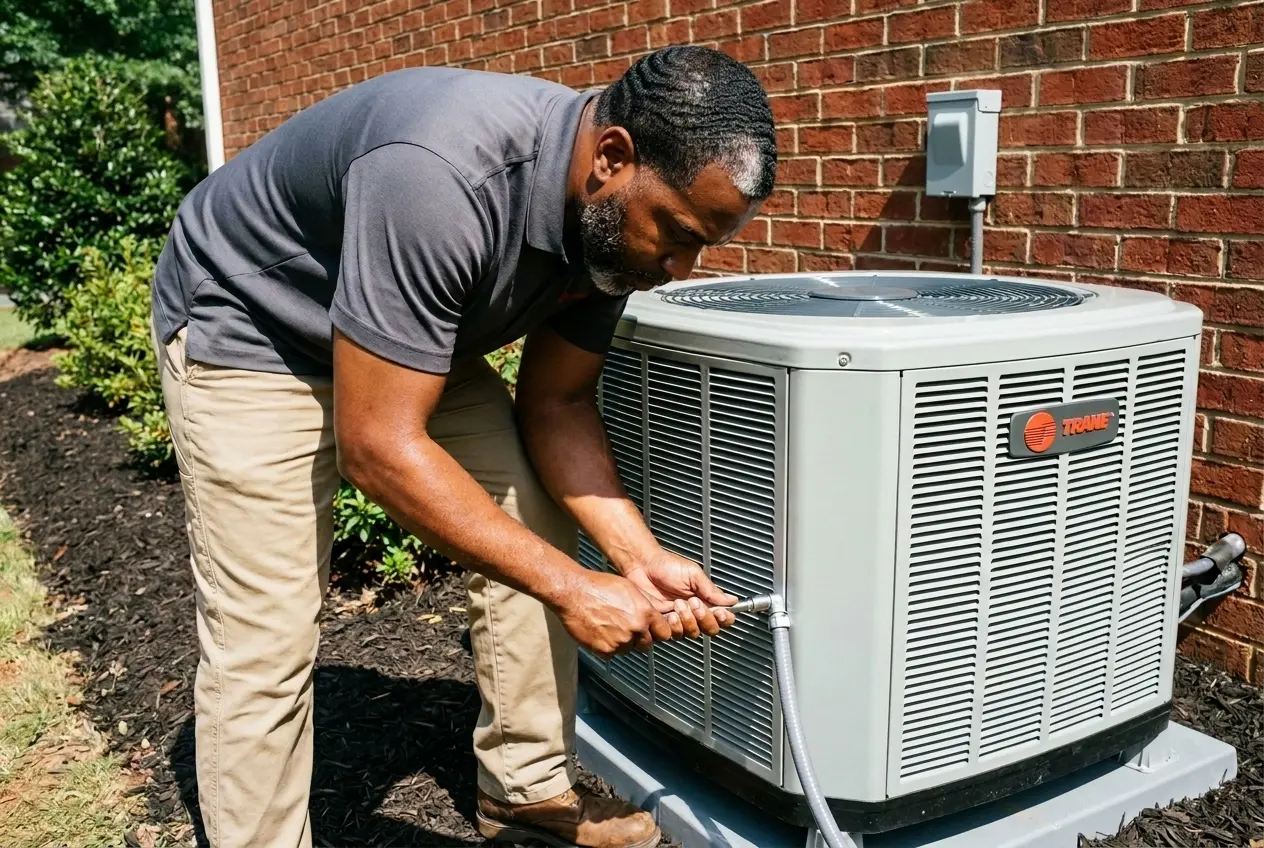 Msemaji Anderson tightening the electrical whip on a newly installed Trane heat pump at an Atlanta home