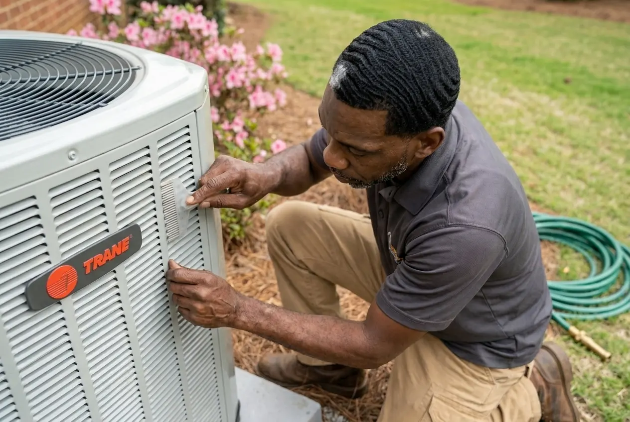 Msemaji Anderson straightening the coil fins on a Trane heat pump during a spring maintenance visit in Atlanta