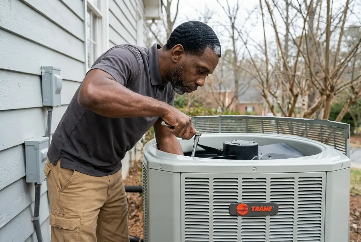 Msemaji Anderson working inside an open Trane heat pump with a socket wrench at an Atlanta home