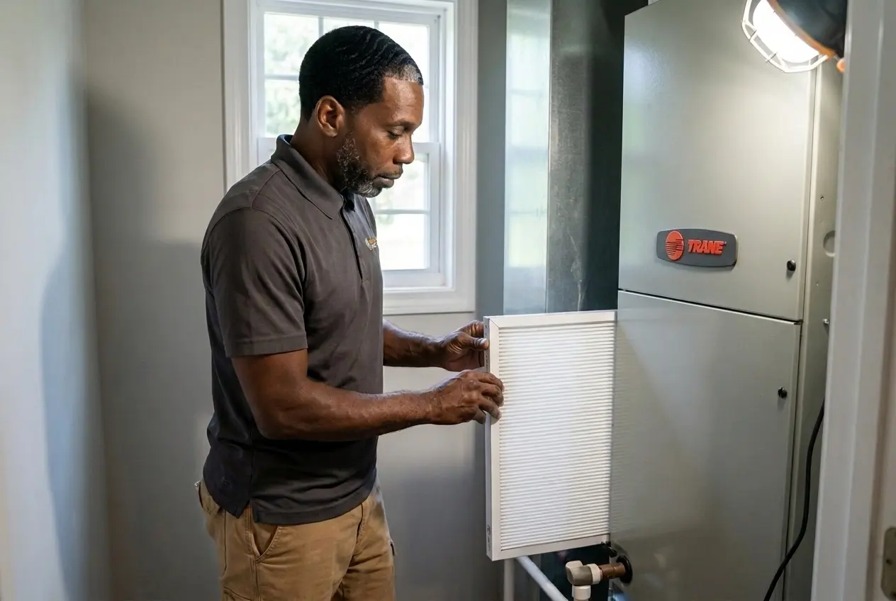 Msemaji Anderson sliding a new media filter into a whole-home air cleaner on a Trane air handler in an Atlanta utility closet