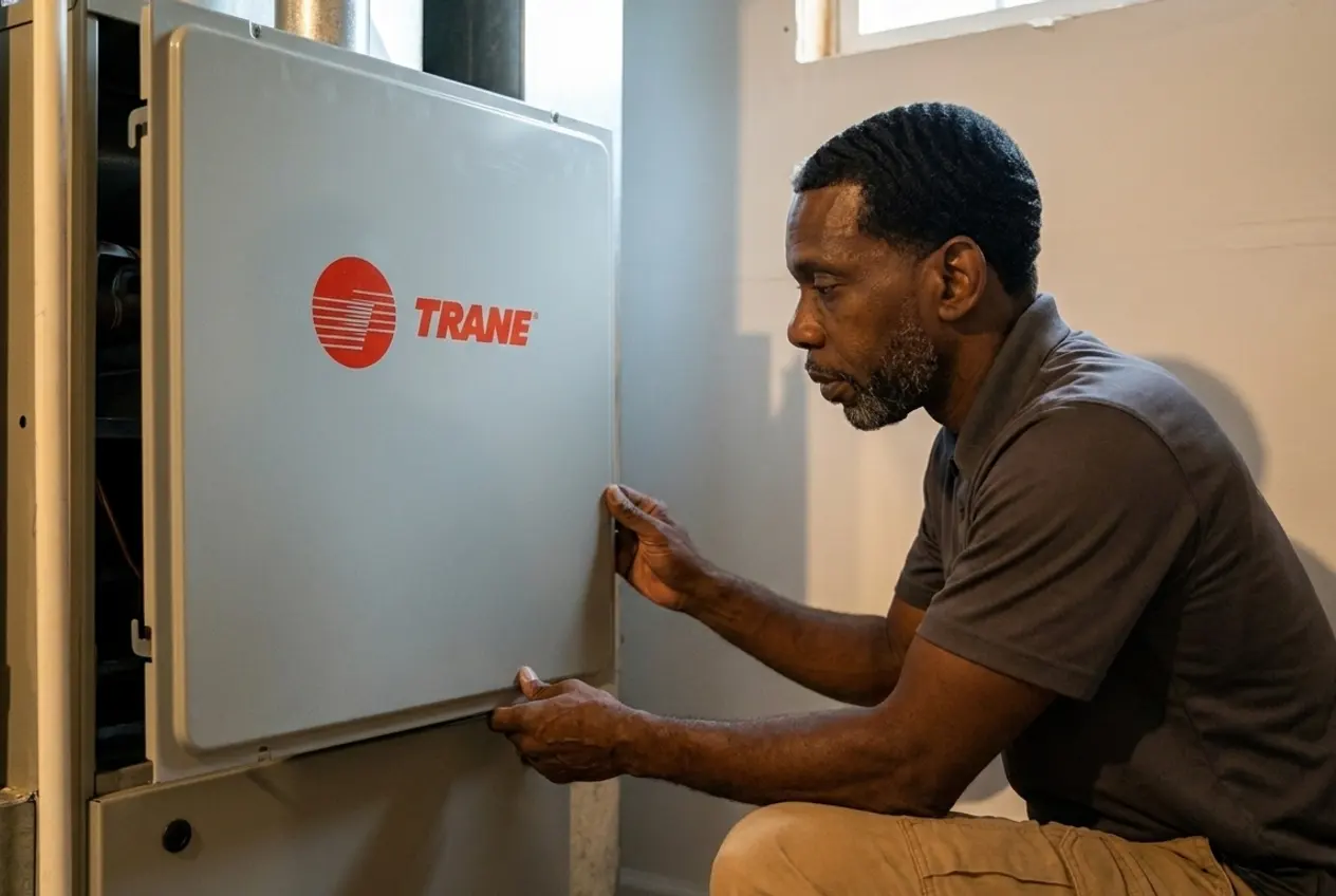Msemaji Anderson rehanging the upper door on a Trane furnace, eyes on the door edge
