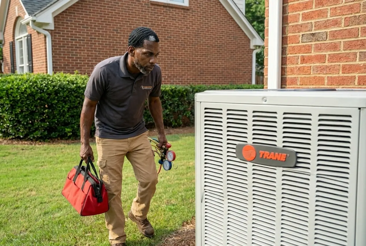 Msemaji Anderson carrying his gauges and tool bag to a Trane air conditioner at an Atlanta home