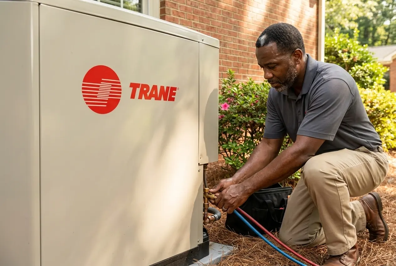 Msemaji Anderson at the service valves of a Trane condenser outside an Atlanta home