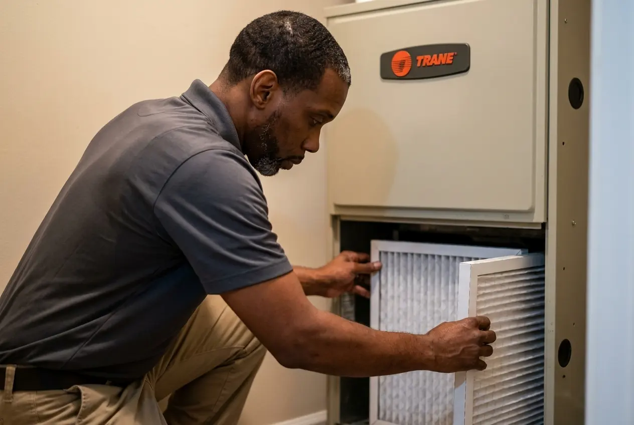 Msemaji Anderson sliding a clean media filter into a Trane air handler