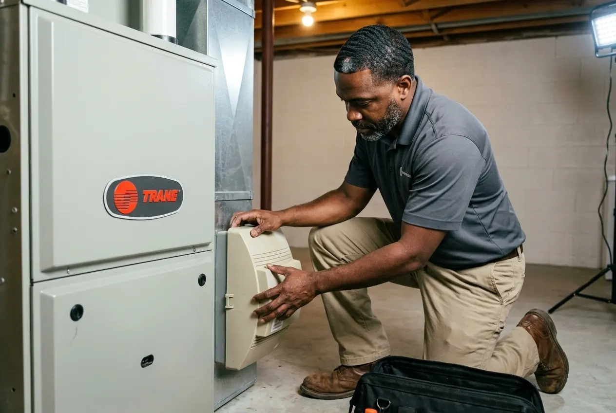 Msemaji Anderson seating the cover on a whole-house humidifier beside a Trane furnace
