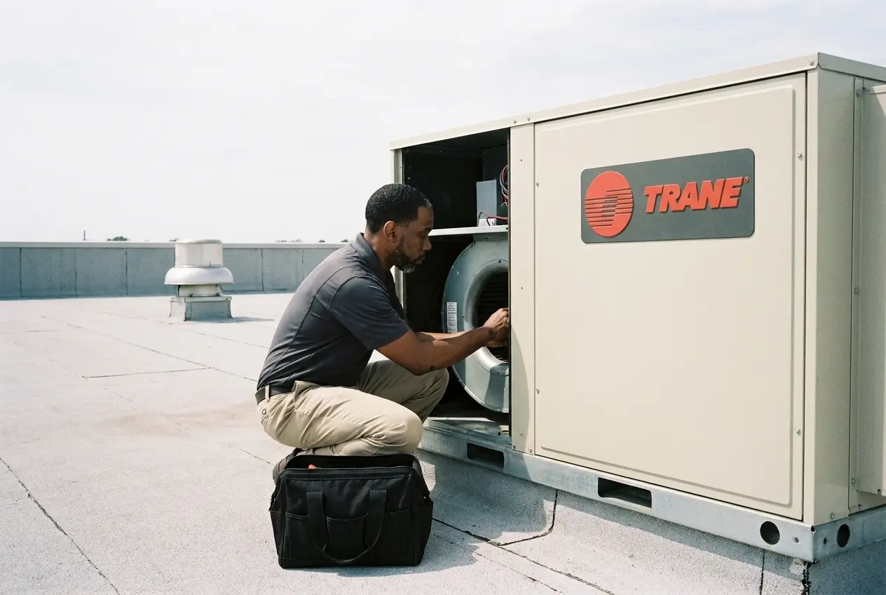 Msemaji Anderson at the open access panel of a Trane packaged rooftop unit on an Atlanta commercial roof