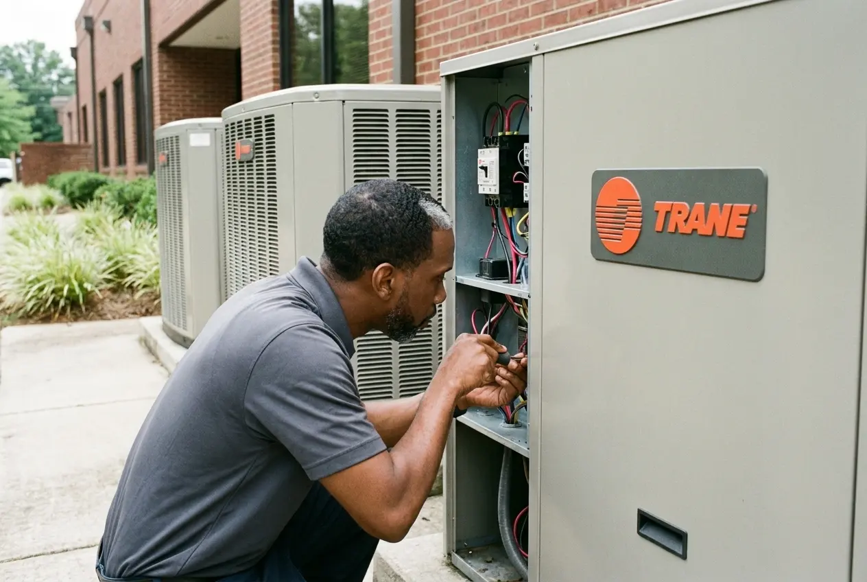 Msemaji Anderson working at the electrical box of a Trane commercial condensing unit